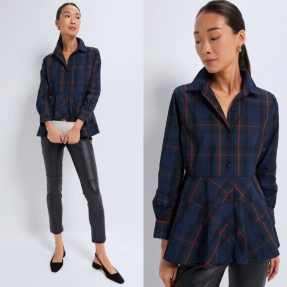 Pomander Place NEW Fraser Navy Plaid Ashlen Long Sleeve Blouse Top Size XL - Picture 1 of 8